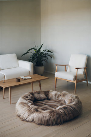 Cozy living room with armchairs, sofa, coffee table and plantの素材