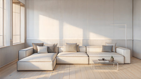 Interior of modern living room with white walls, wooden floor, comfortable sofa and coffee table. 3d renderingの素材