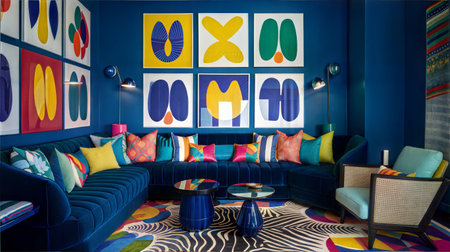Interior of a childrens room with blue sofa and colorful pillowsの素材