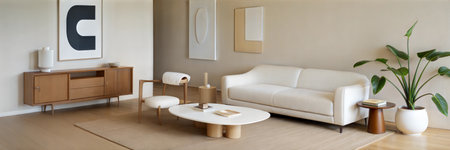 Interior of a modern living room with a white sofa and wooden furnitureの素材
