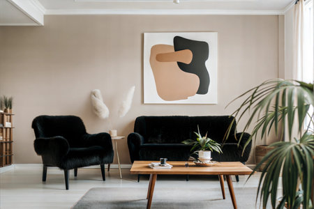 modern living room with black sofa, coffee table and painting on wallの素材