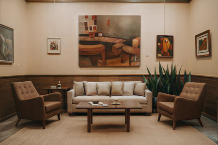 Interior of a hotel lobby with sofas and armchairsの素材