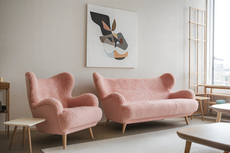 Modern living room interior with pink sofa, coffee table and painting on wallの素材
