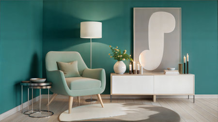 green living room with armchair and table, 3d rendering.の素材