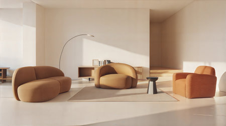 Interior of modern living room with white walls, concrete floor, beige armchairs and coffee table. 3d renderingの素材