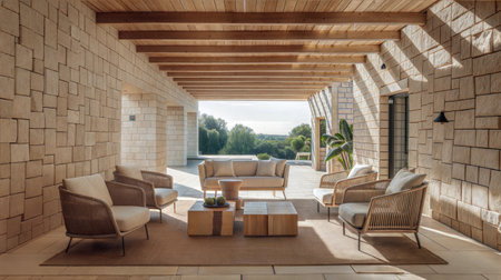 Interior of a modern villa with terrace. 3d renderingの素材