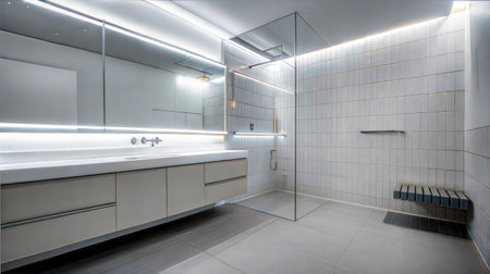 Interior of a modern bathroom with white tiled walls and tiled floorの素材
