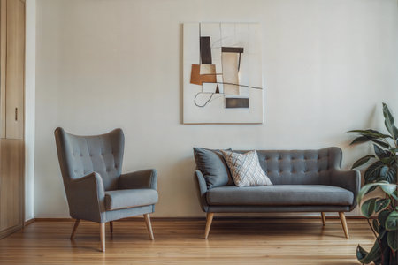 Modern living room interior design with sofa and armchair, stock photoの素材
