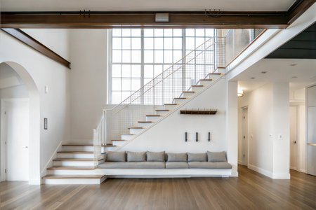 interior of modern house, living room with white sofa and stairsの素材