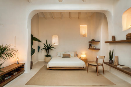Interior of a hotel bedroom with white walls and wooden floor.の素材
