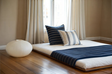 Interior of a modern bedroom with two pillows on a bedの素材