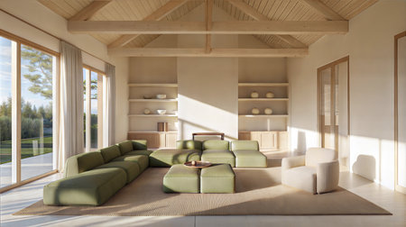 Interior of a modern living room with a green sofa and a wooden ceilingの素材
