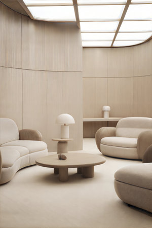 Interior of a modern office lobby with beige sofas. 3d renderの素材