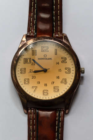 A View Of Men Wrist Watch Over White Backgroundのeditorial素材