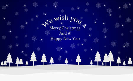 Merry Christmas and New Year holidays background with winter landscape, snowflakes, stars, night sky.の写真素材
