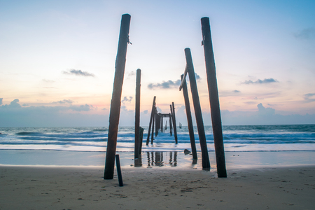 bridge at beach in blue sky sunset timeThailand Long exposure horizontalの写真素材