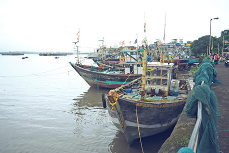 Traditional wooden fishing boats in a port, mumbai, maharashtra