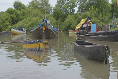 fishing boats on the river in the netherlands in summerの写真素材