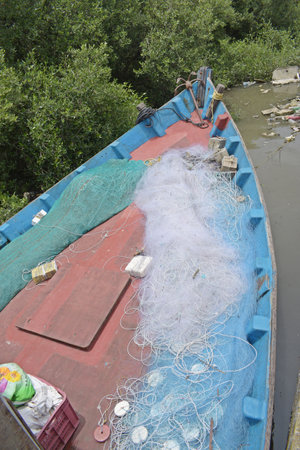 fishing boat in the mangrove forest, north chinaの写真素材