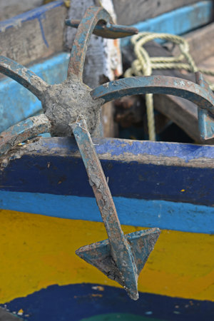 Anchor on a boat in the port of Essaouira, Moroccoの写真素材