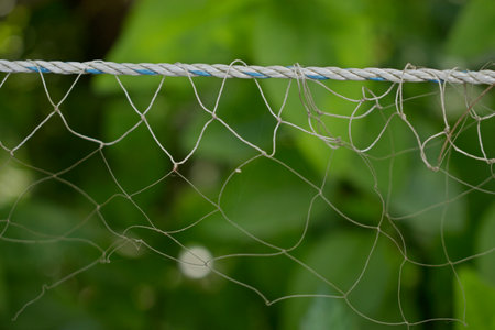 Close-up of a soccer net with green grass in the backgroundの写真素材
