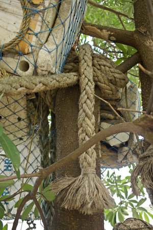 Old fishing nets hanging on a tree in the garden, Thailand.の写真素材