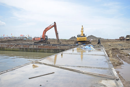 construction site on the river bank in the city of China.の写真素材