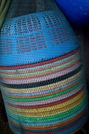 Colorful fishing nets, detail of fishing nets in a fishing port