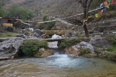 Mountain stream and prayer flags in the Himalayas, Nepalの写真素材