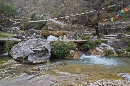 Mountain stream in Himalayas, Annapurna Circuit, Nepalの写真素材