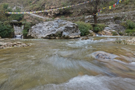 Mountain river in the Himalayas, Annapurna Conservation Area, Nepalの写真素材