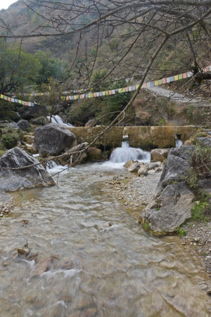 Mountain stream in the Himalayas, Annapurna Conservation Area, Nepalの写真素材