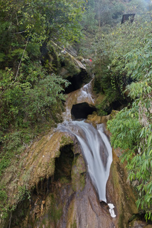 waterfall in the forest, north china, closeup of photoの写真素材