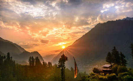 Sunset at Himalayan foothillsの写真素材