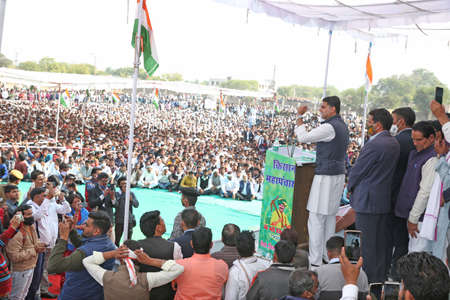 Congress leader Sachin Pilot addresses during Farmers Rally to demand rollback of the Centreâs agriculture sector laws in Dausa, Rajasthan, India, Feb. 5, 2021. Photo: Sumit Saraswatのeditorial素材