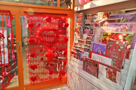 Beawar, Rajasthan, India, February 9, 2021: Valentines gifts and greetings cards in a gift store for the forthcoming Valentine Day celebrations in Beawar. Photo: Sumit Saraswatのeditorial素材