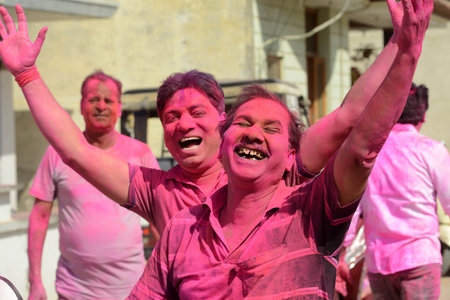 Beawar, Rajasthan, India, March 2, 2018: People celebrate Holi, the spring festival of colours, in Beawar. Photo: Sumit Saraswatのeditorial素材