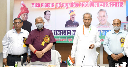 Jaipur, Rajasthan, India, March, 7, 2021: Rajasthan chief minister Ashok Gehlot lays foundation stone of jatav hostel and community building via video conference at CM residence in Jaipur.のeditorial素材