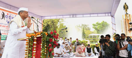 Jaipur, Rajasthan, India, March 12, 2021: Rajasthan Chief Minister Ashok Gehlot speaks during 'Padyatra' to mark the 91st anniversary of Dandi March or Salt Movement, at Gandhi Circle in Jaipur.のeditorial素材