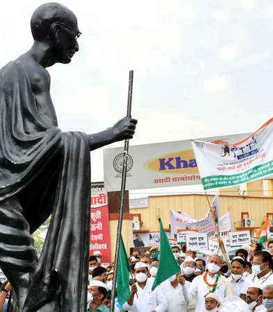 Jaipur, Rajasthan, India, March 12, 2021: Rajasthan Chief Minister Ashok Gehlot flagged off 'Padyatra' to mark the 91st anniversary of Dandi March or Salt Movement, at Gandhi Circle in Jaipur.のeditorial素材