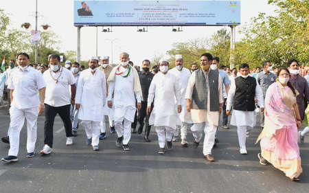Jaipur, India, March 12, 2021: Rajasthan Chief Minister Ashok Gehlot along with ministers participates in 'Padyatra' to mark the 91st anniversary of Dandi March or Salt Movement, in Jaipur.のeditorial素材