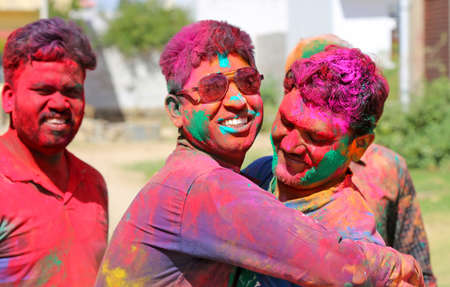 Beawar, Rajasthan, India, March 24, 2016: Indian youngsters celebrate Holi, the Hindu spring festival of colors, in Beawar. Photo: Sumit Saraswatのeditorial素材