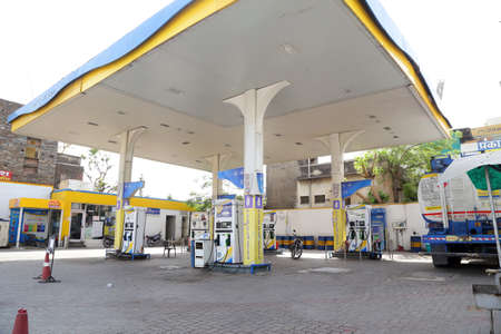 Beawar, India, April 10, 2021: A fuel pump looks deserted due to one-day strike called by Rajasthan Petroleum Dealers Association with demand of rollback in VAT on fuel. Photo: Sumit Saraswatのeditorial素材