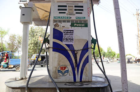 Beawar, India, April 10,2021: A closed fuel pump due to one-day strike called by Rajasthan Petroleum Dealers Association with demand of rollback in VAT (value-added tax) on fuel. Photo: Sumit Saraswatのeditorial素材