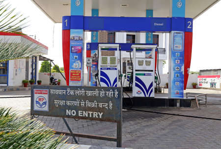 Beawar, India, April 10,2021: A closed fuel pump due to one-day strike called by Rajasthan Petroleum Dealers Association with demand of rollback in VAT (value-added tax) on fuel. Photo: Sumit Saraswatのeditorial素材