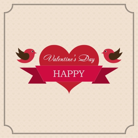 Greeting card Happy Valentine's Day in the old style frame. Hearts with ribbon and two birds with a festive mood on a light yellow backgroundのイラスト素材