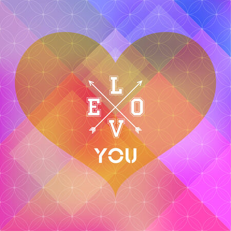 Abstract background of color patches with geometric texture. With a heart and an inscription love you, crossed arrows, retro designのイラスト素材