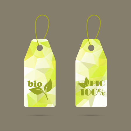 Label with triangular texture and polygonal mesh with bio markers. Vector. advertisementのイラスト素材