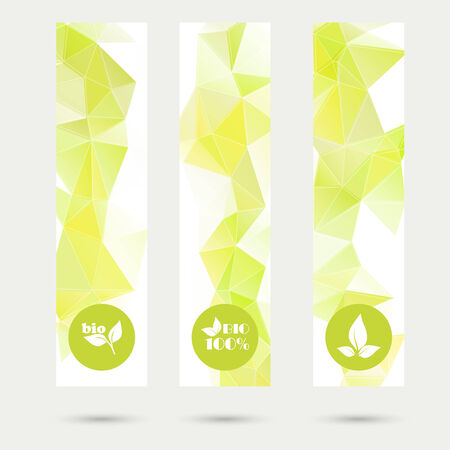 Set of vector banners with triangles and polygon mesh and with eco icons. For websites, internet, paper stickers, labels,のイラスト素材