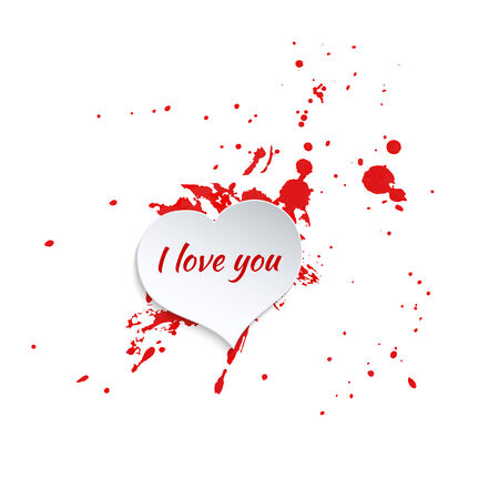 Ink splatter with small drops of red. Grunge vector hand drawn background. vector. ink blot. Paper heart and inscription I love you. for postcards, valentines, t-shirts design, printのイラスト素材